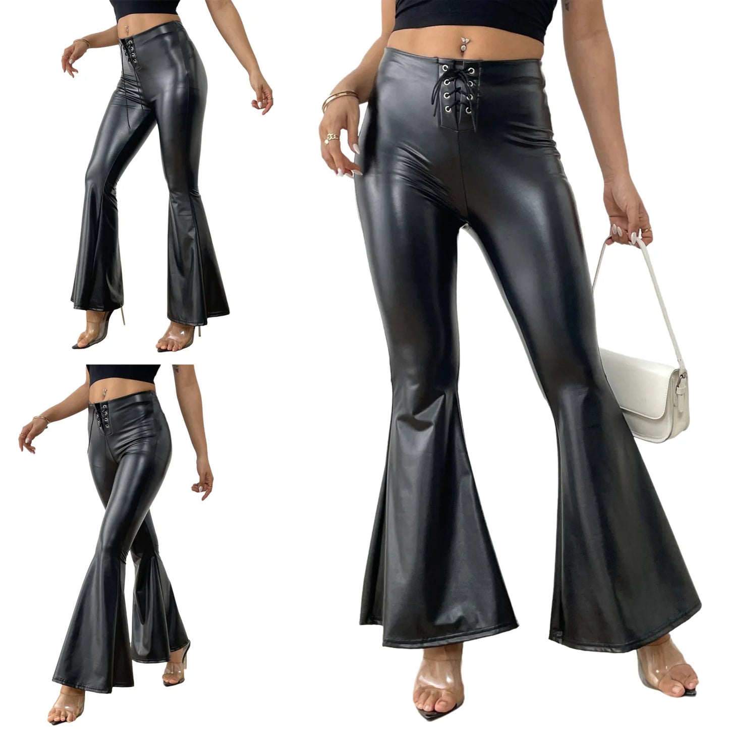Sexy Damen Fashion Hose Gothic Punk glänzende PU Lederhose Schlaghose Latex