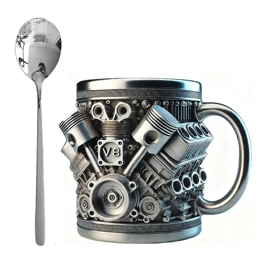 Edelstahl-Kaffeebecher Mug V8-Motoren-Motiv Kaffeetasse Becher Tasse Geschenk