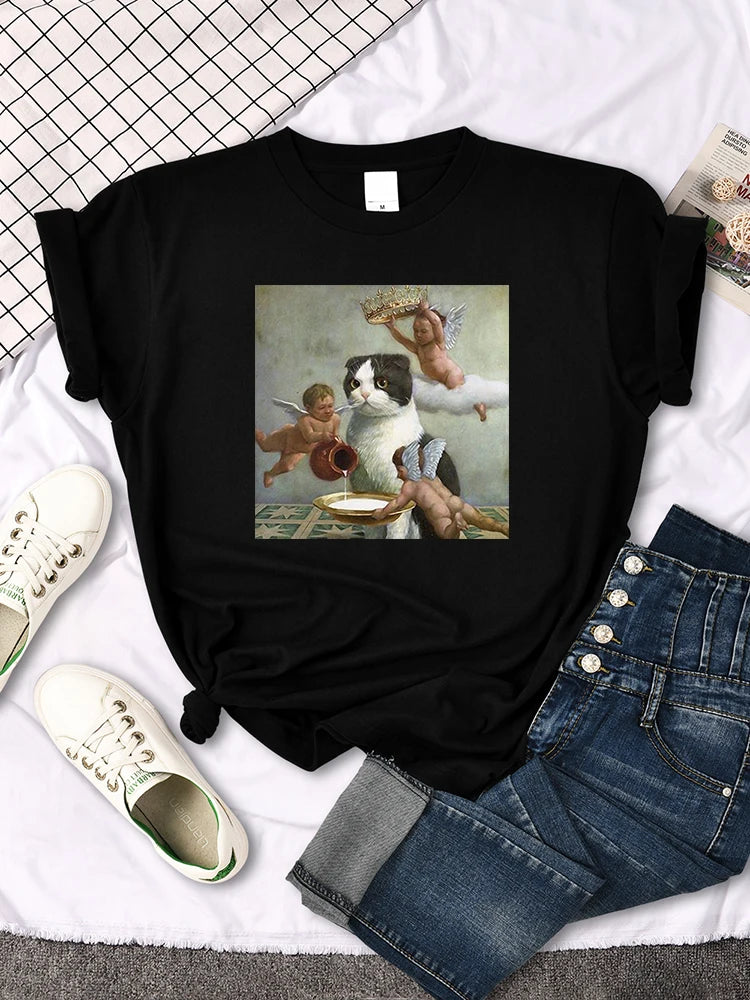 Damen Sommer Top Mona Lisa T-Shirt Rundhals Streetwear lockeres Damentop Mädchen