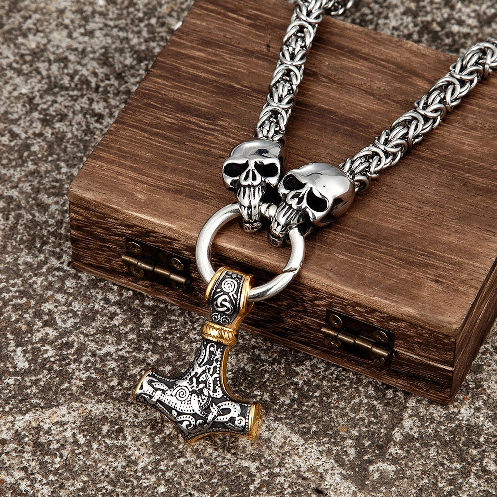 Thors Hammer Edelstahl Halskette Skull Königskette Wikingerschmuck Nordische Mythologie