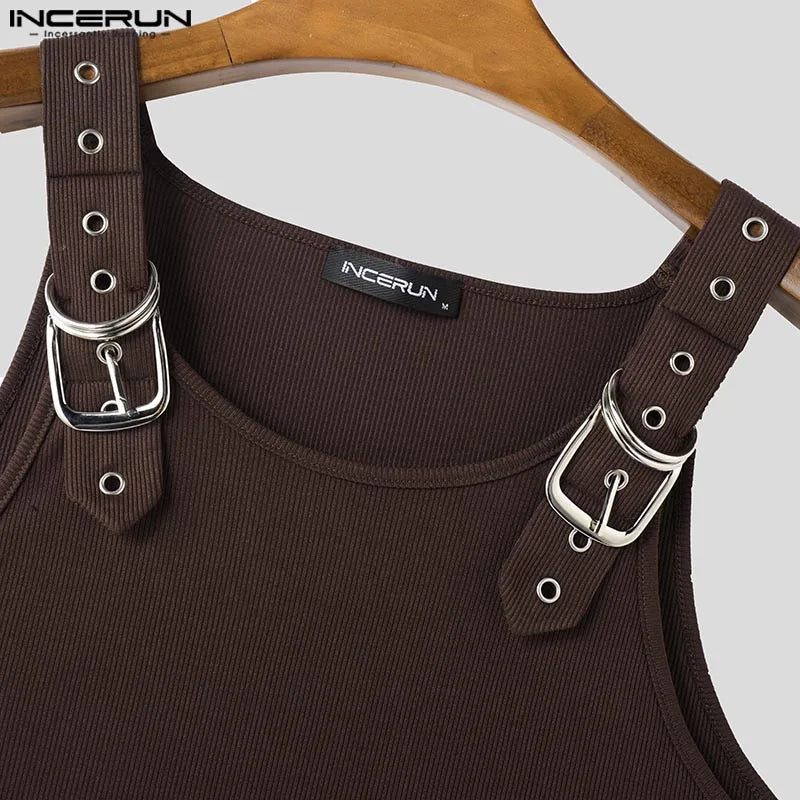 INCERUN Tops Amerikanischen Stil, Mode, Neue Männer Dekonstruktion Design Metall Schnalle Mesh Westen Casual Streetwear Männlich Solide Tank Tops