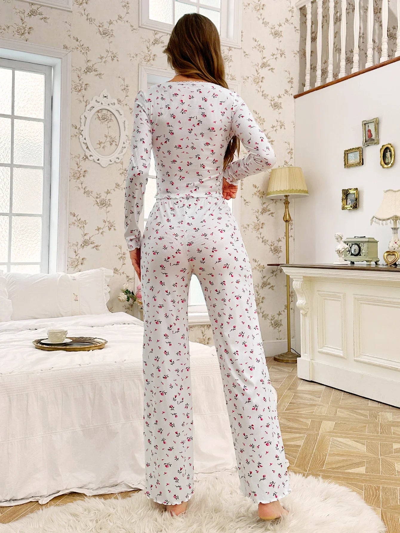 Frühling Sommer Nachtwäsche Damen Pyjamas Blumendruck Salatbesatz Pyjama Set Tops und lange Hosen Loungewear Nachtwäsche