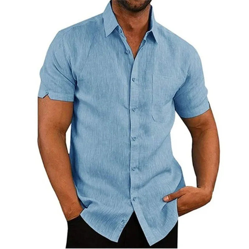 Herren Poloshirt Leinenhemd Kurzarm T-Shirt Leinen Hemd Polohemd Freizeithemd