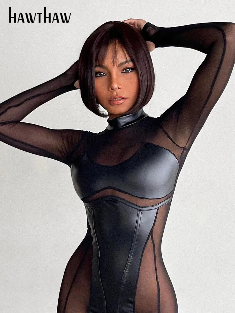 Sexy Damen Bodycon Overall Jumpsuit Strampler Catsuits Leder Optik Nachtclub