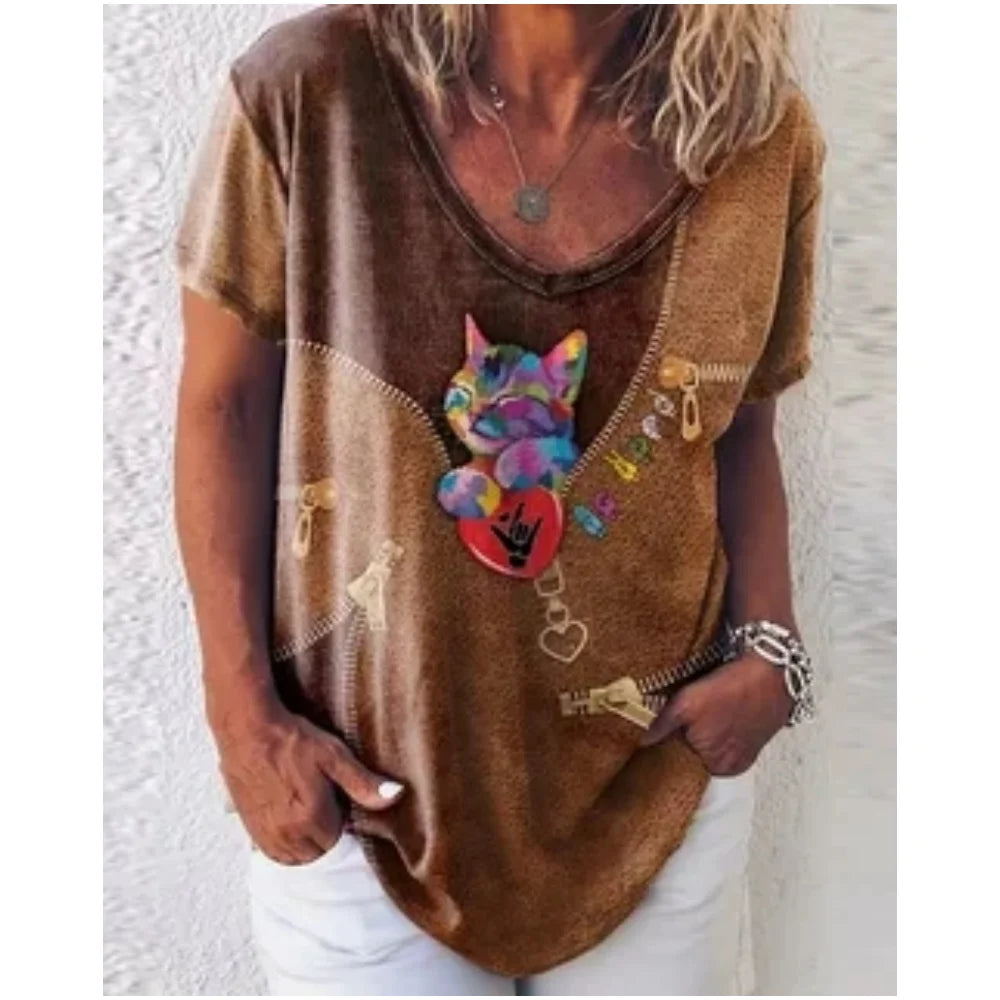 Damen Sommer Top 3D Katzen T-Shirt Rundhals Streetwear lockeres Damentop Bluse