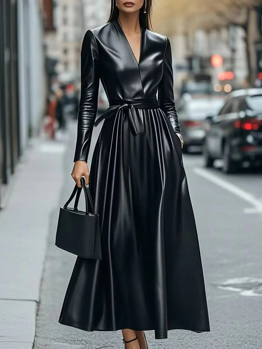 Damen Kleid PU Leder Partykleid Cocktail Abendkleid Clubwear Maxikleid Etuikleid