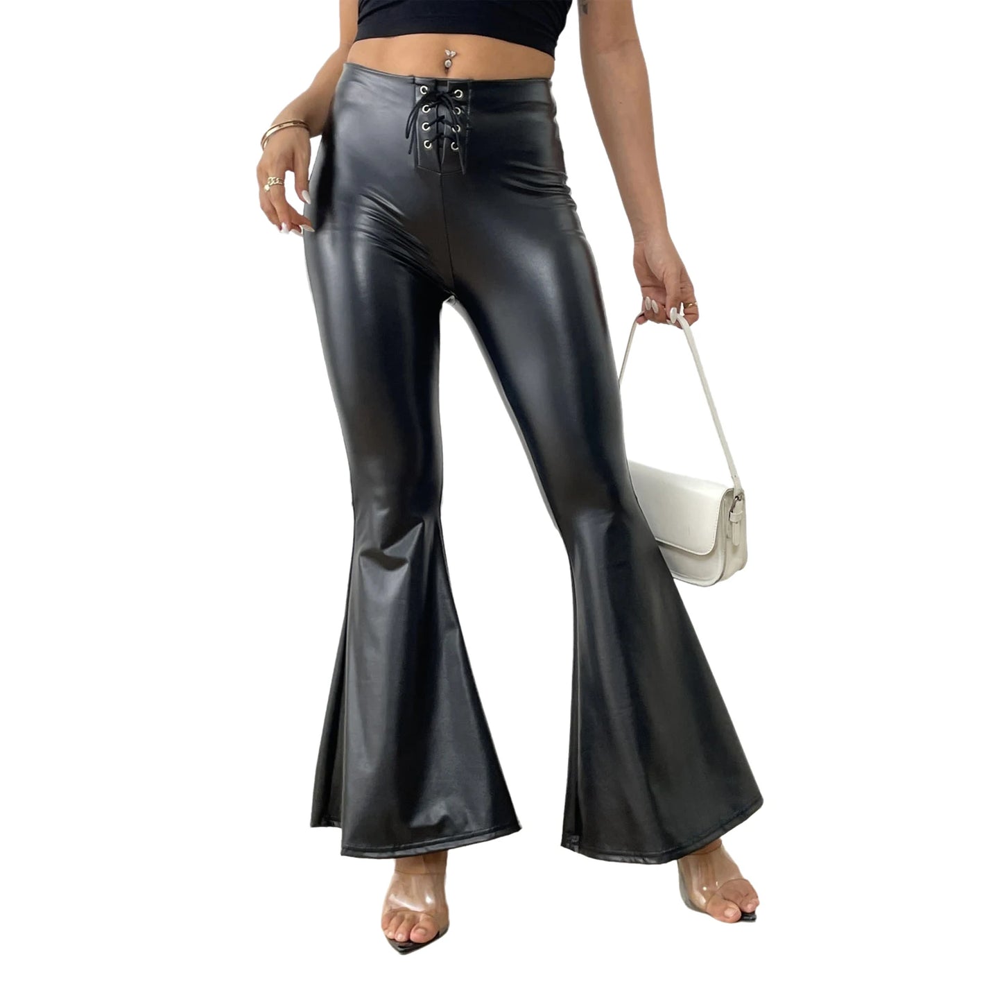 Sexy Damen Fashion Hose Gothic Punk glänzende PU Lederhose Schlaghose Latex