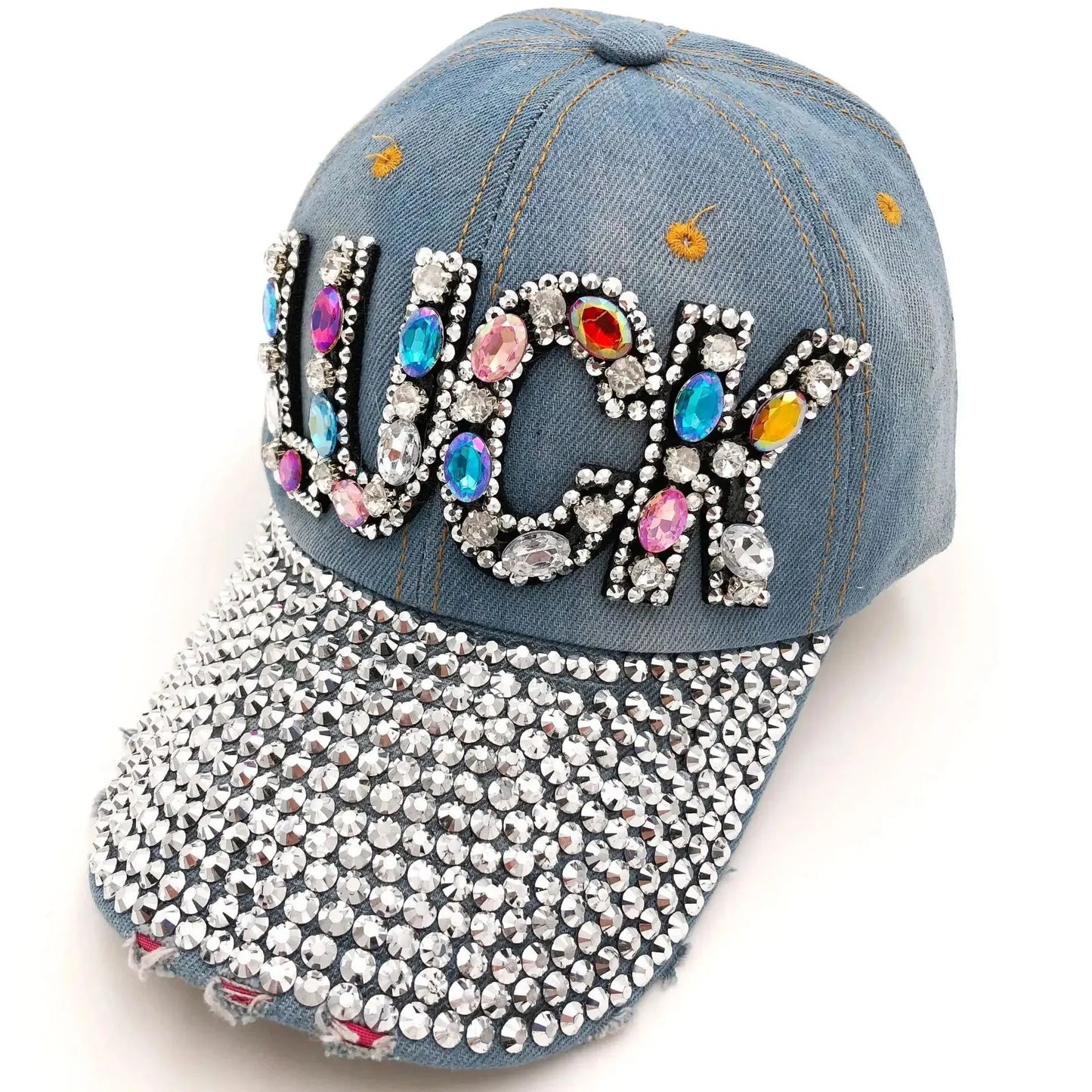 Jeans Cappy Denim Look Basecap Cap Kappe LUCK Strass gebogen Damen Baseball Cap