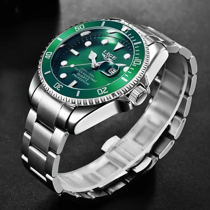 Herren Armbanduhr Silber Grün Edelstahl Uhr Quarzuhr Luxus Chronograph Business