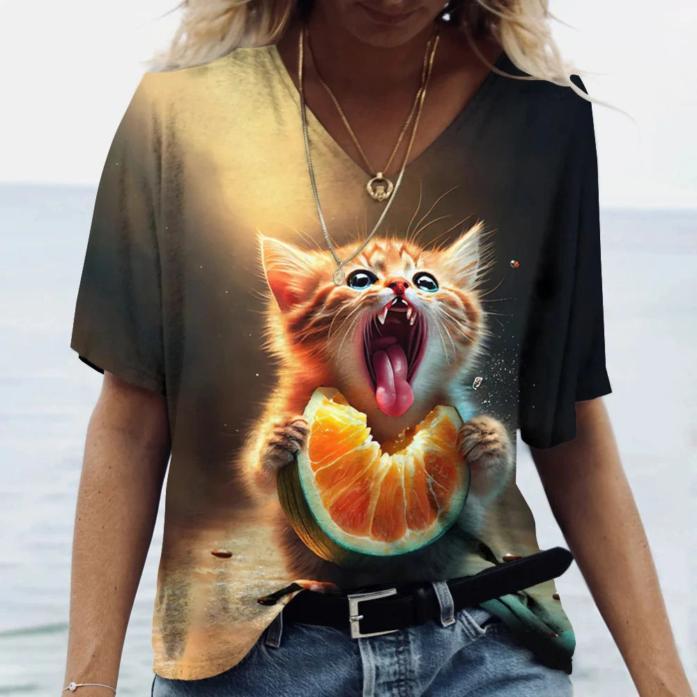 Damen Sommer Top Katzen T-Shirt V-Ausschnitt Hemd & Bluse Damentop Mädchen