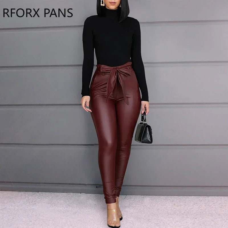 Damen Fashion Leggings Push Up Leggins Hose PU Lederhose mit Kordelzug Sexy