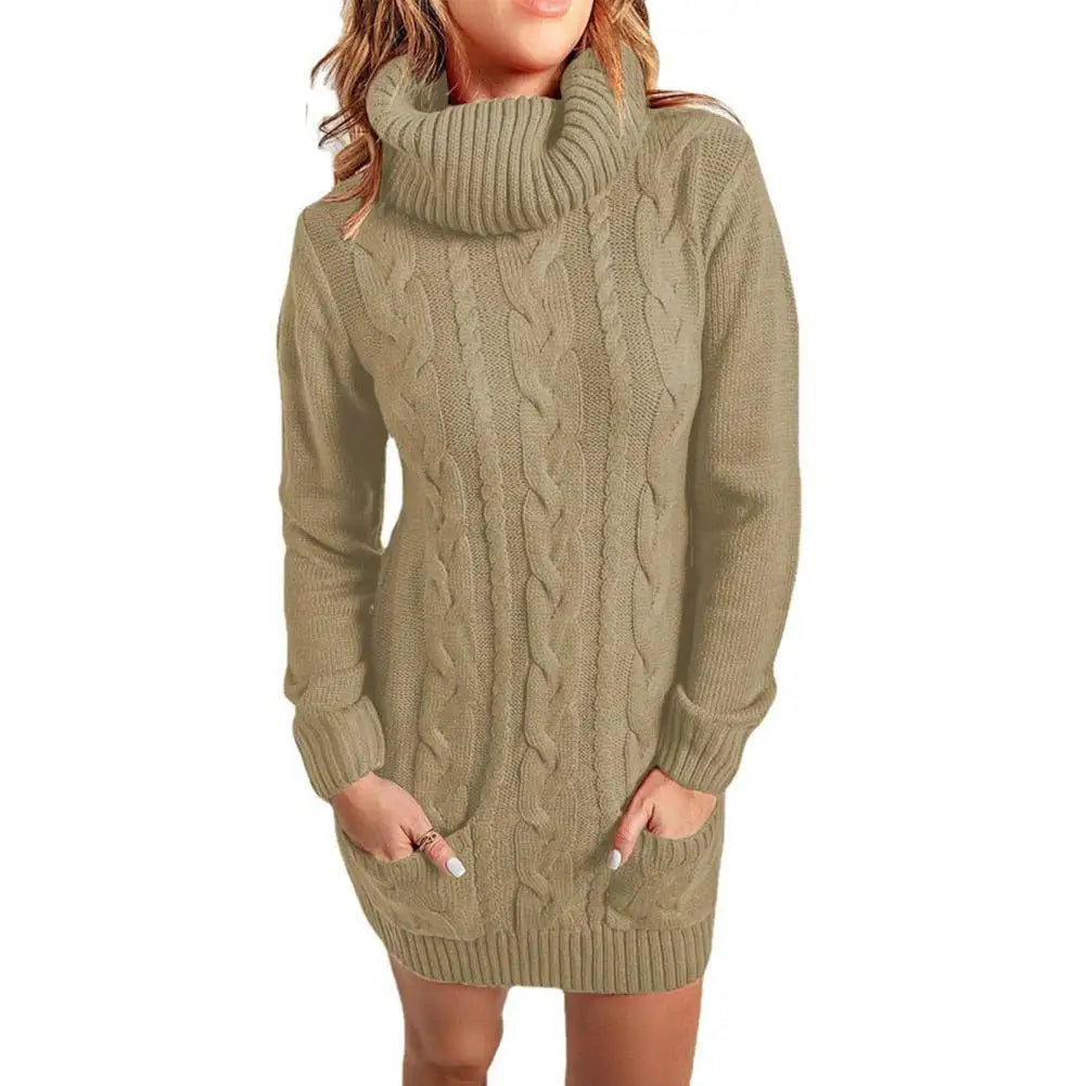 Damen Wollkleid Rollkragen Herbstkleid Winterkleid Strickkleid Longpullover