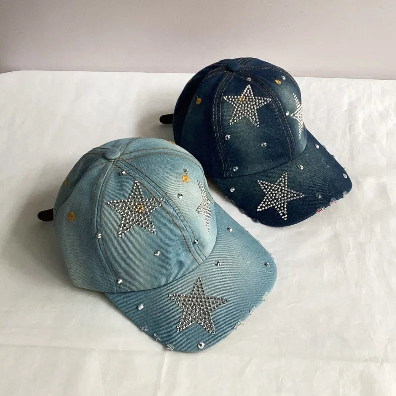 Jeans Basecap Cappy Denim Look Cap Kappe LOVE Strass gebogen Herren Damen