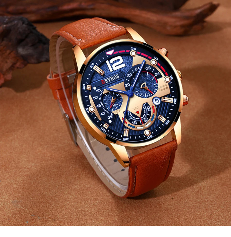Stilvolle Herren Armbanduhr mit Kunstleder Armband Set Luxus Quarz Uhr