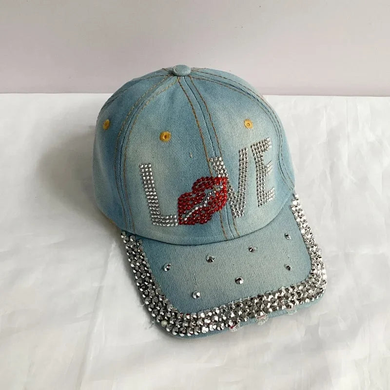 Jeans Basecap Cappy Denim Look Cap Kappe LOVE Strass gebogen Herren Damen