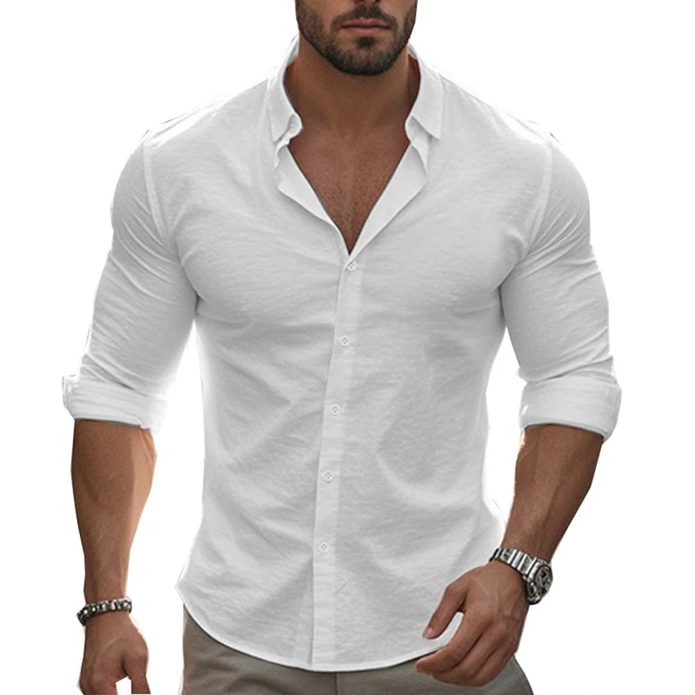 Herren Poloshirt Leinenhemd Langarm T-Shirt Leinen Hemd Polohemd Freizeithemd
