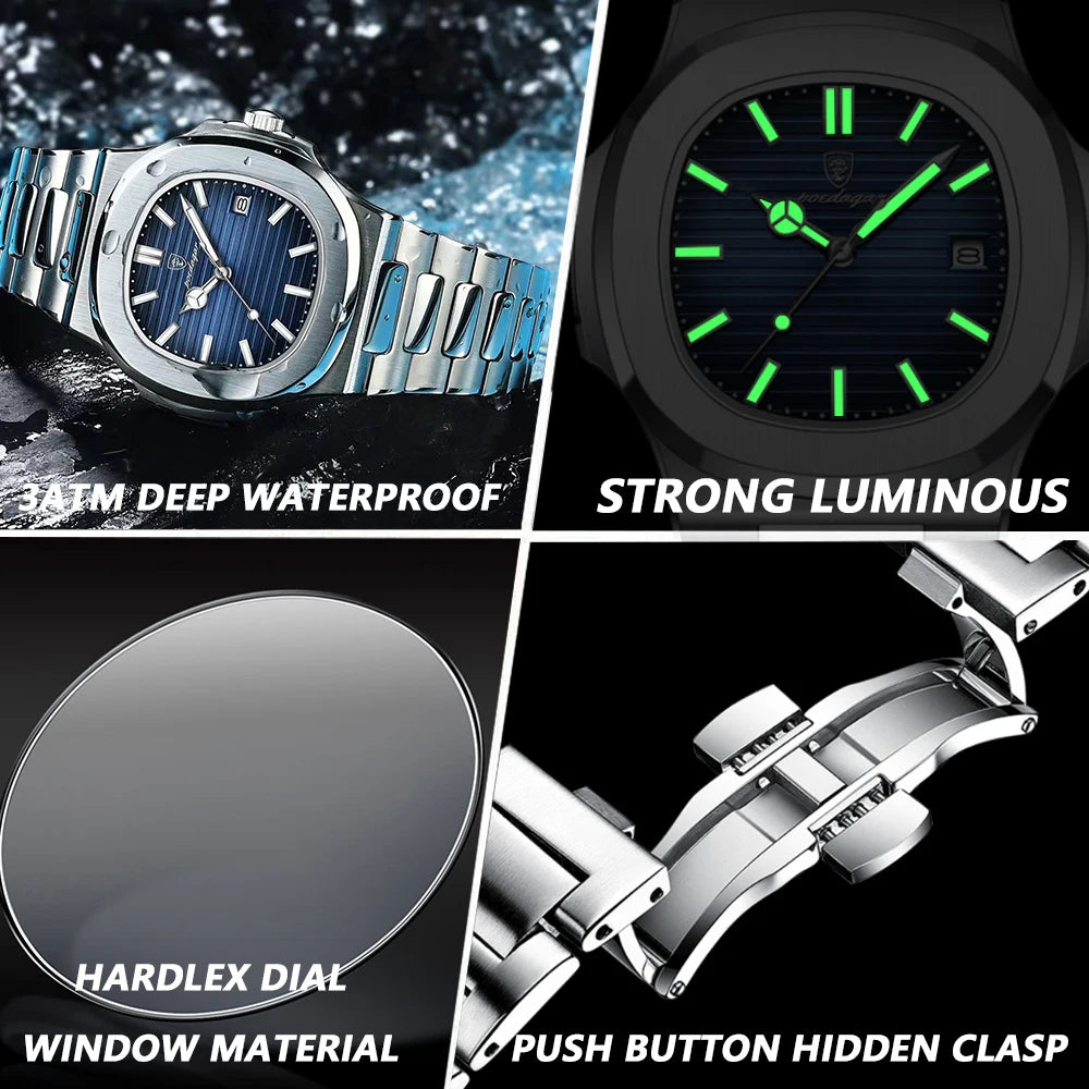 Herren Armbanduhr Silber Schwarz Edelstahl Quarzuhr Luxus Chronograph Business