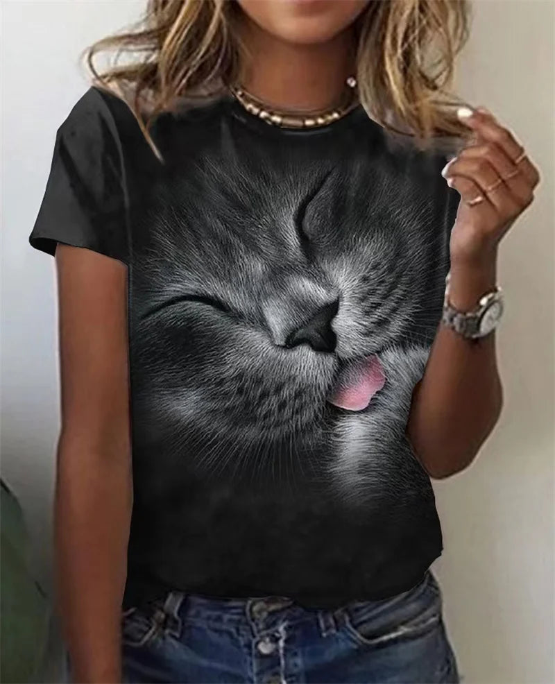 Damen T-Shirt Sommer Top Katzen Hemd Rundhals Streetwear lockeres Damentop