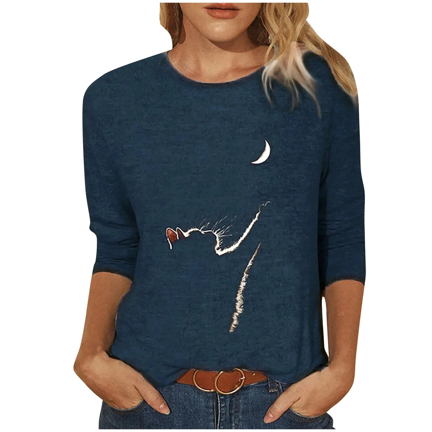 Damen Sommer Top Katzen Langarm T-Shirt Rundhals Streetwear lockeres Damentop