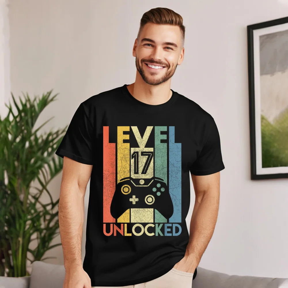 Gamer T-Shirt Top Level 17 Unlocked Fashion Herren Streetwear 100% Baumwolle