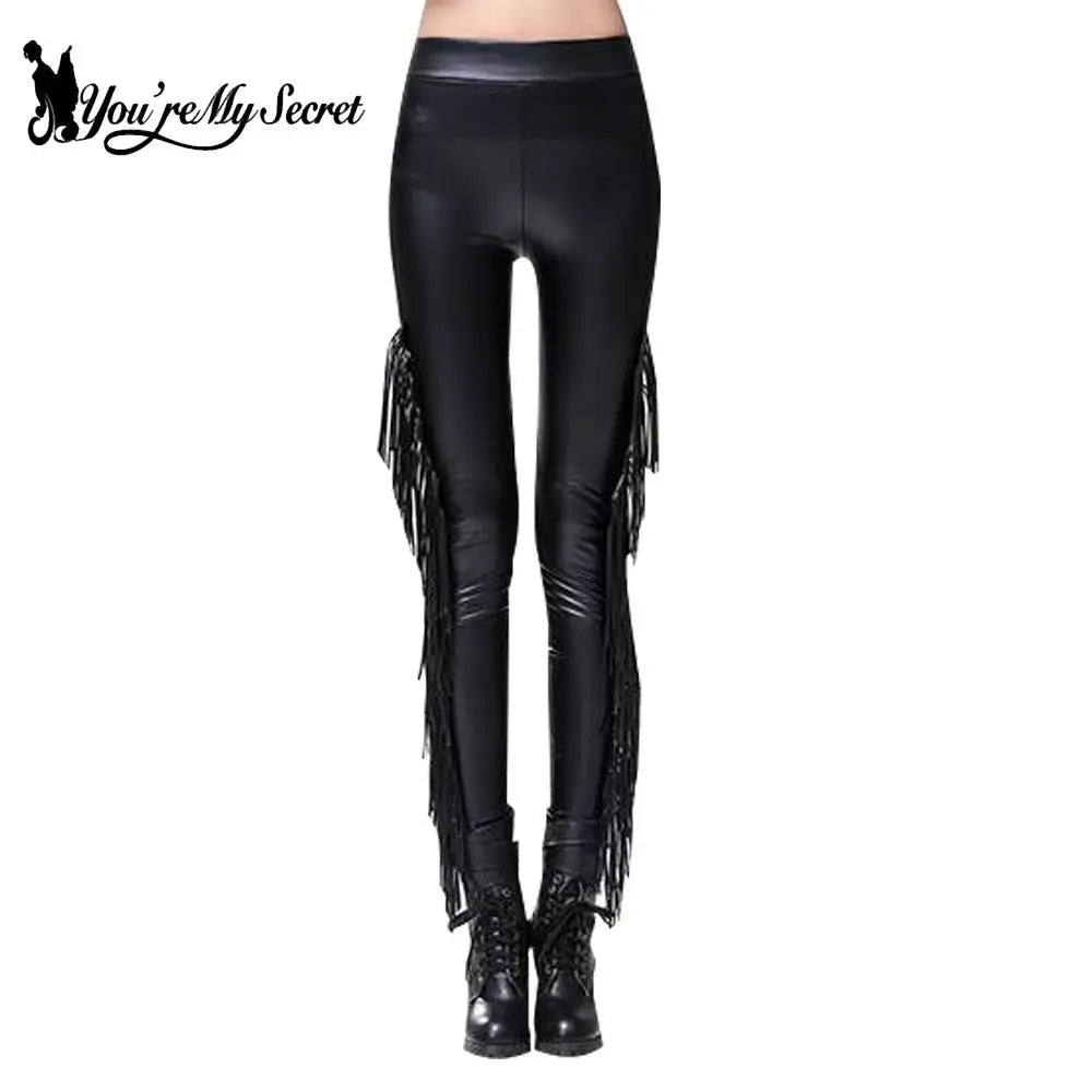 Sexy Damen Leggings Push Up Leggins Gothic Punk Hose PU Lederhose mit Fransen