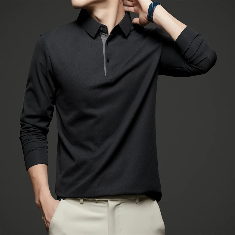 Neues Herren-Poloshirt, Business-Casual, langärmelig, einfarbig, modisch, warm, bequem, vielseitiges Oberteil für vier Jahreszeiten