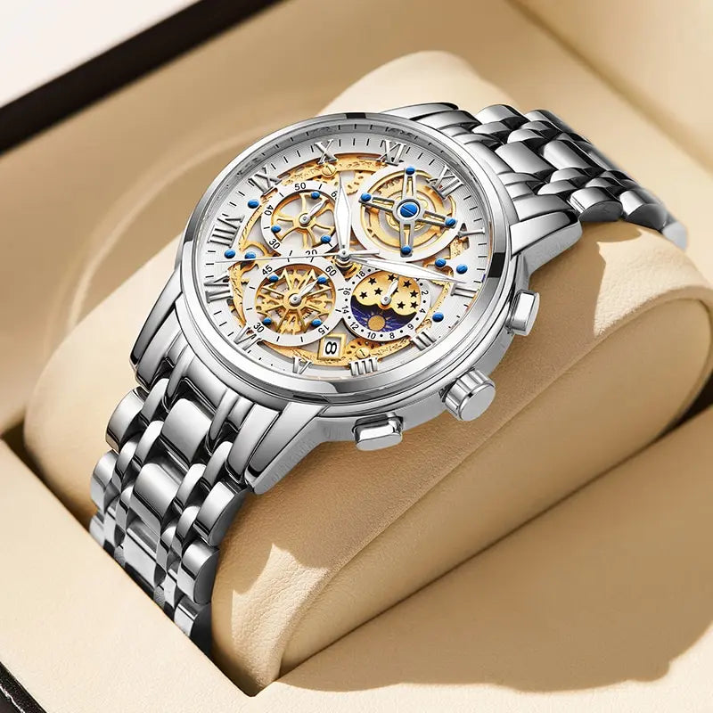 Herren Armbanduhr Silber Schwarz Edelstahl Quarzuhr Luxus Chronograph Business