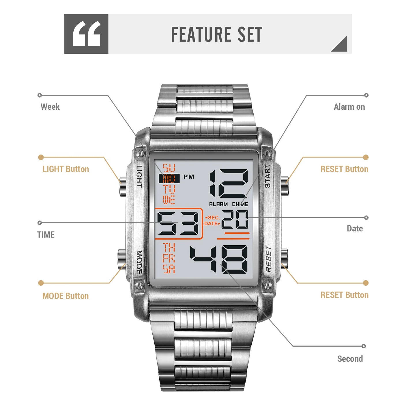 Herren Armbanduhr Digital Uhr Silber Edelstahl Quarzuhr Sportuhr Chronograph