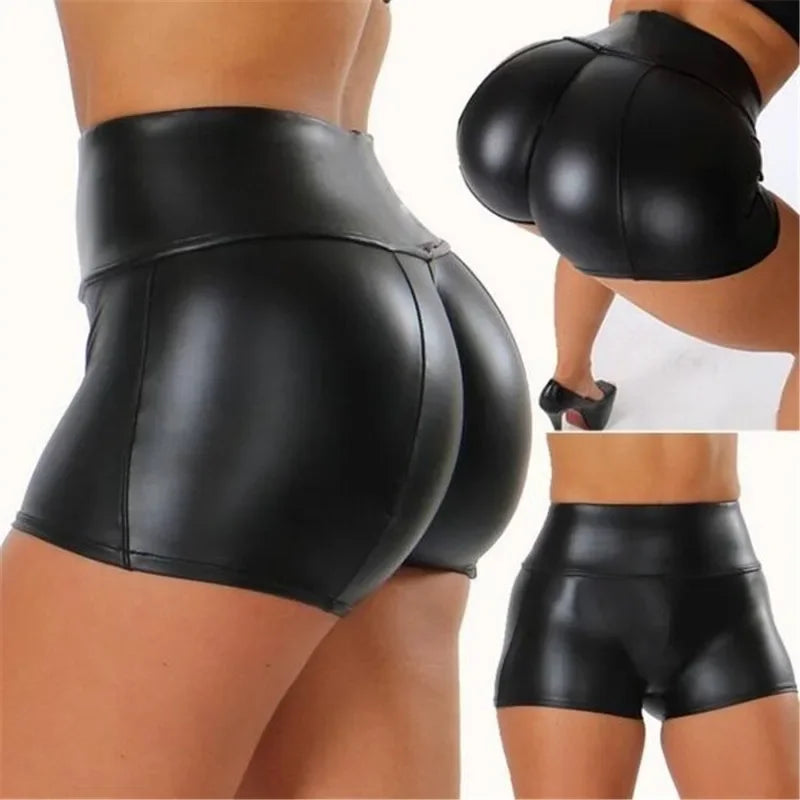 Damen Bermuda Shorts Hotpants Kurze Hose PU Leder Hohe Taille Pants Clubwear