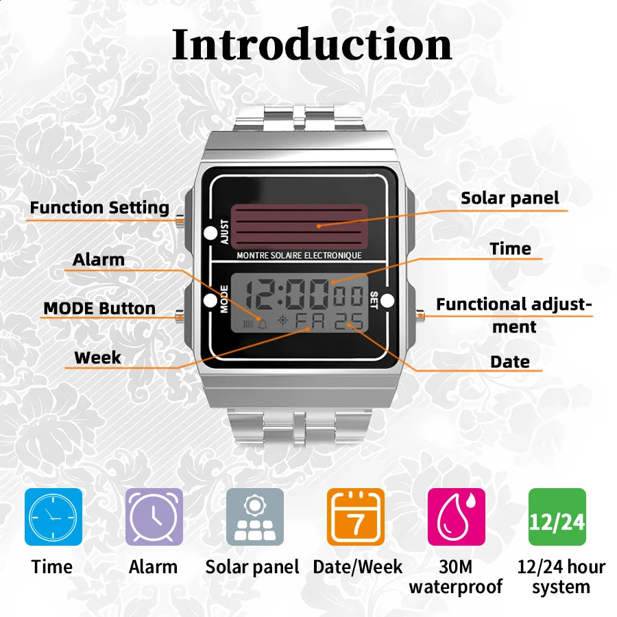 Solar Herren Digitaluhr Retro Chronograph Edelstahlarmband Wasserdicht Multifunktionale Sport Elektronische Uhren