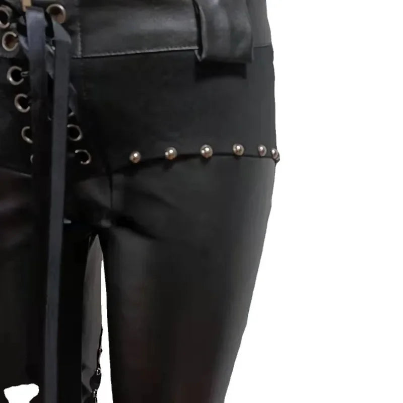 Sexy Damen Leggings Push Up Leggins Gothic Punk Hose PU Lederhose Reißverschluss