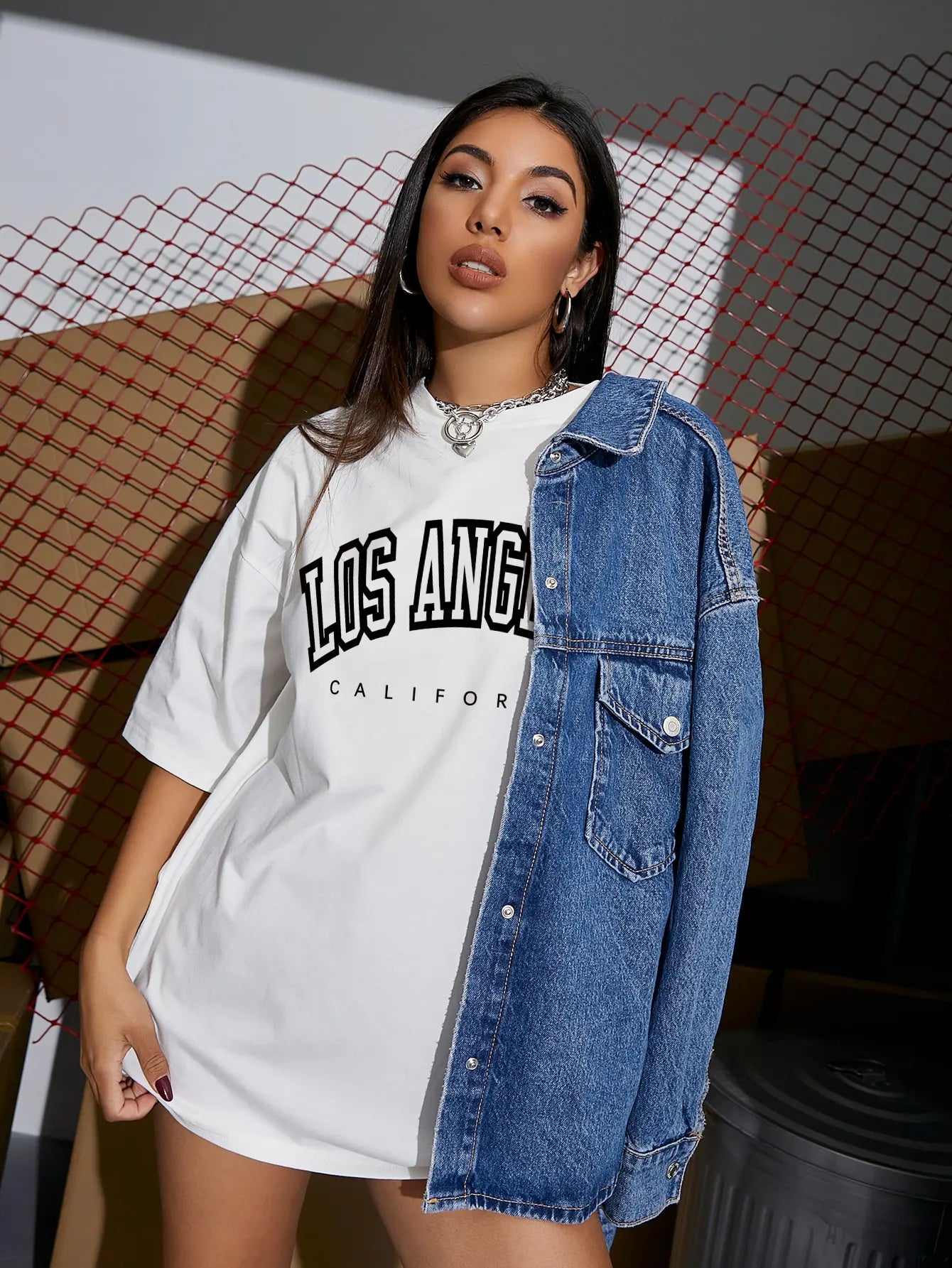 Damen Sommer Top Los Angeles T-Shirt Rundhals Streetwear lockeres Damentop