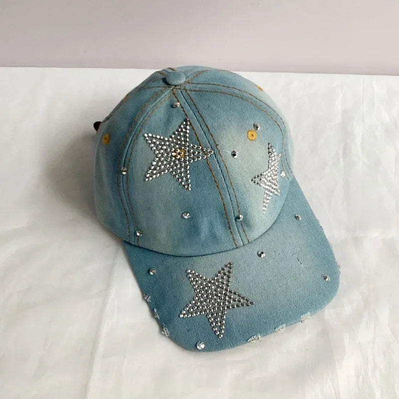 Jeans Basecap Cappy Denim Look Cap Kappe LOVE Strass gebogen Herren Damen