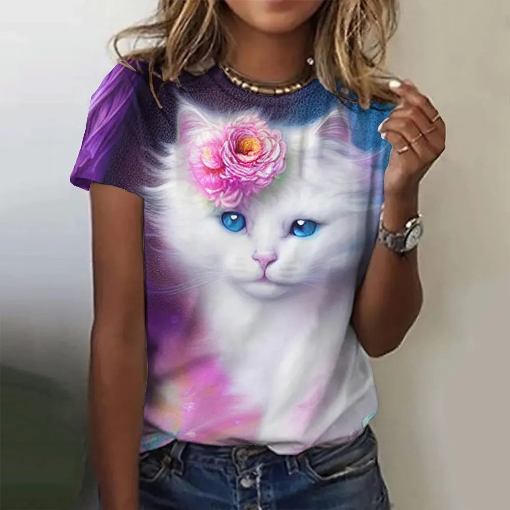 Damen Sommer Top 3D Katzen T-Shirt Rundhals Streetwear lockeres Damentop