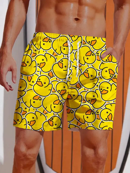 Herren Shorts Hawaii Gelbe Ente 3D Druck Badehose Elastische Taille Sommer