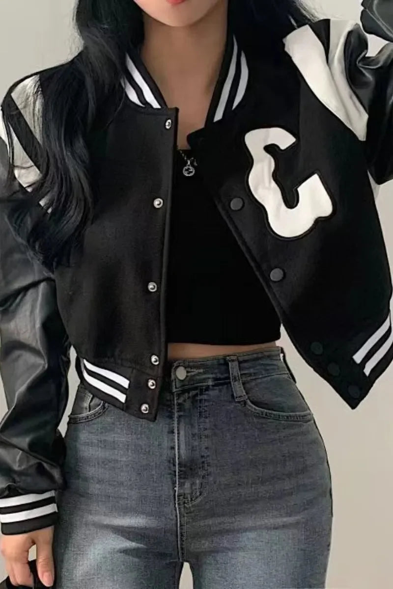 Damen College Baseball Retro Bomber Jacke Sweatjacke Collegejacke Streetwear