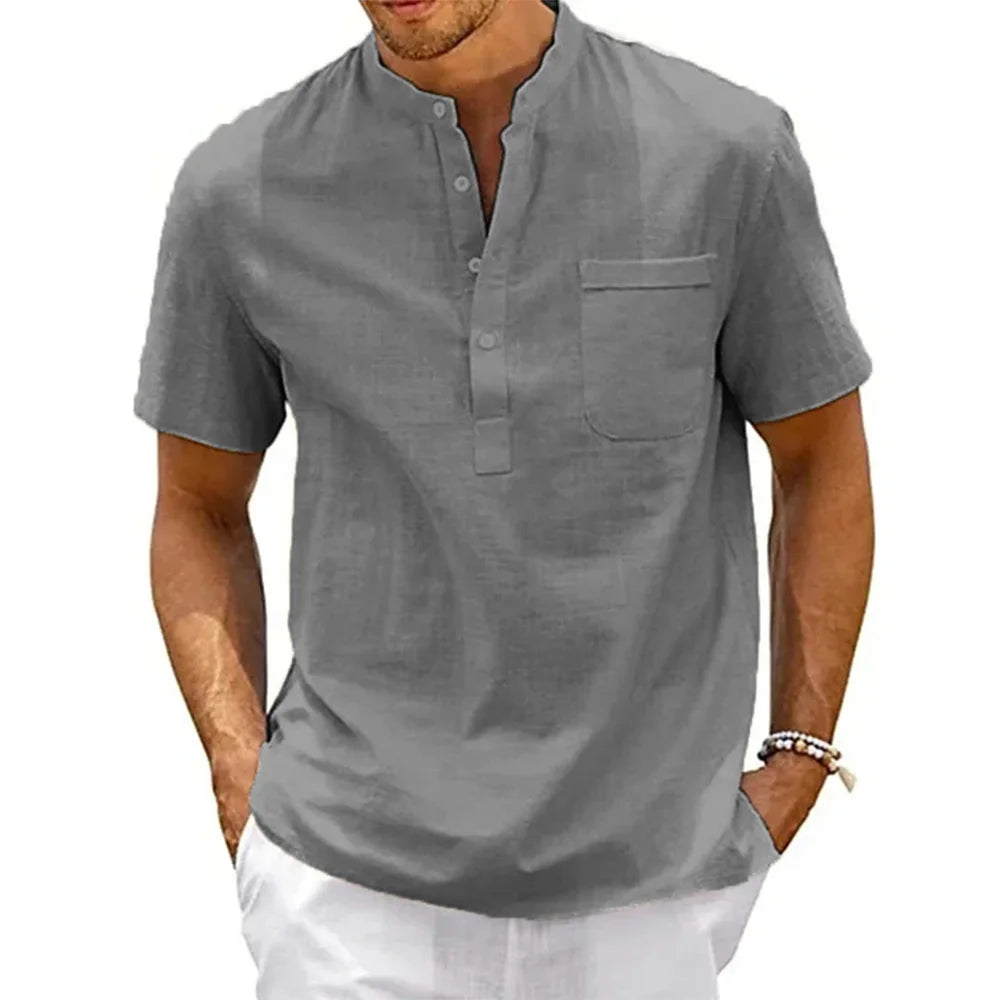 Herren Hemd Poloshirt Leinenhemd Kurzarm T-Shirt Leinen Polohemd Freizeithemd