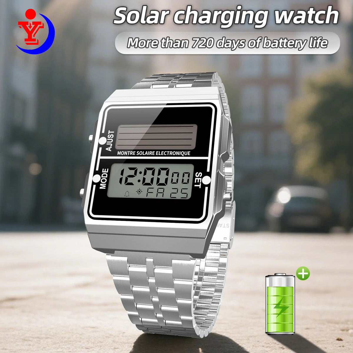 Solar Herren Digitaluhr Retro Chronograph Edelstahlarmband Wasserdicht Multifunktionale Sport Elektronische Uhren