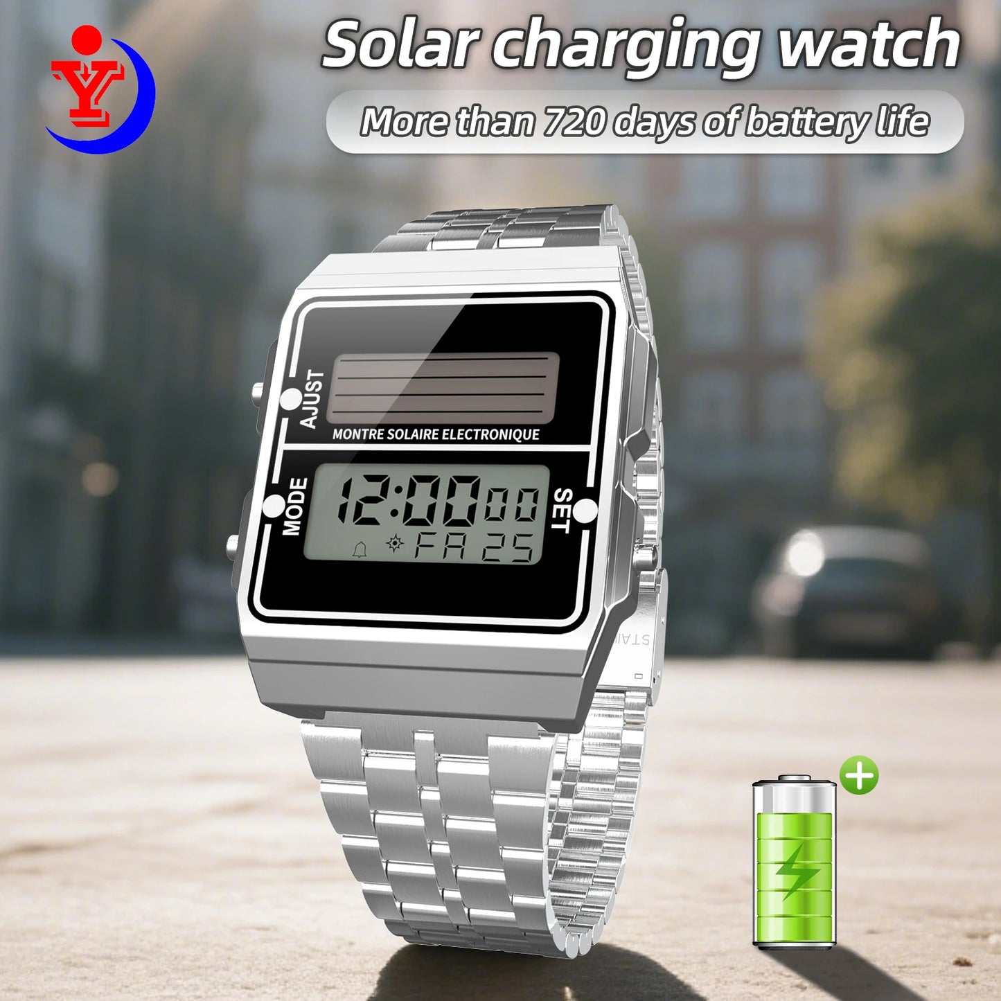 Solar Herren Digitaluhr Retro Chronograph Edelstahlarmband Wasserdicht Multifunktionale Sport Elektronische Uhren