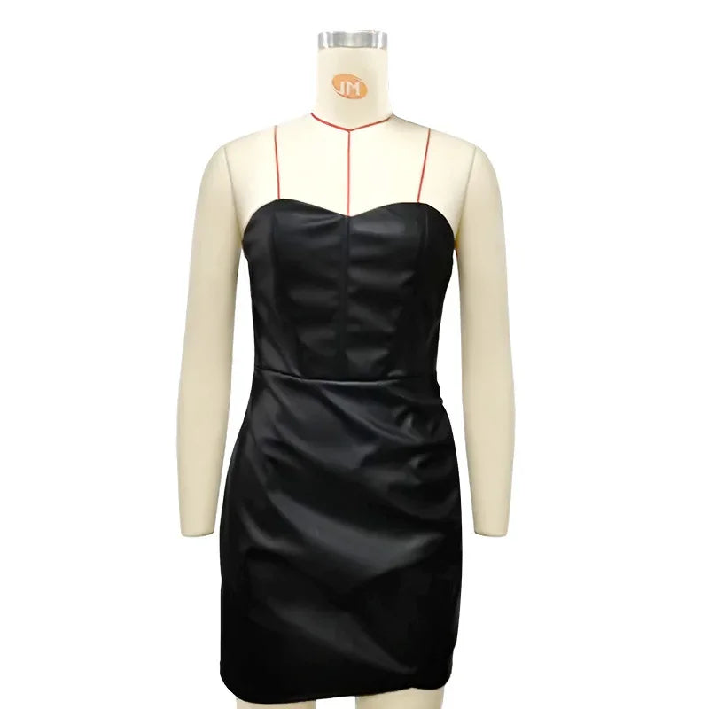 Frauen PU Leder Kleid rückenfreies Partykleid Trägerlos Abendkleid Cocktailkleid