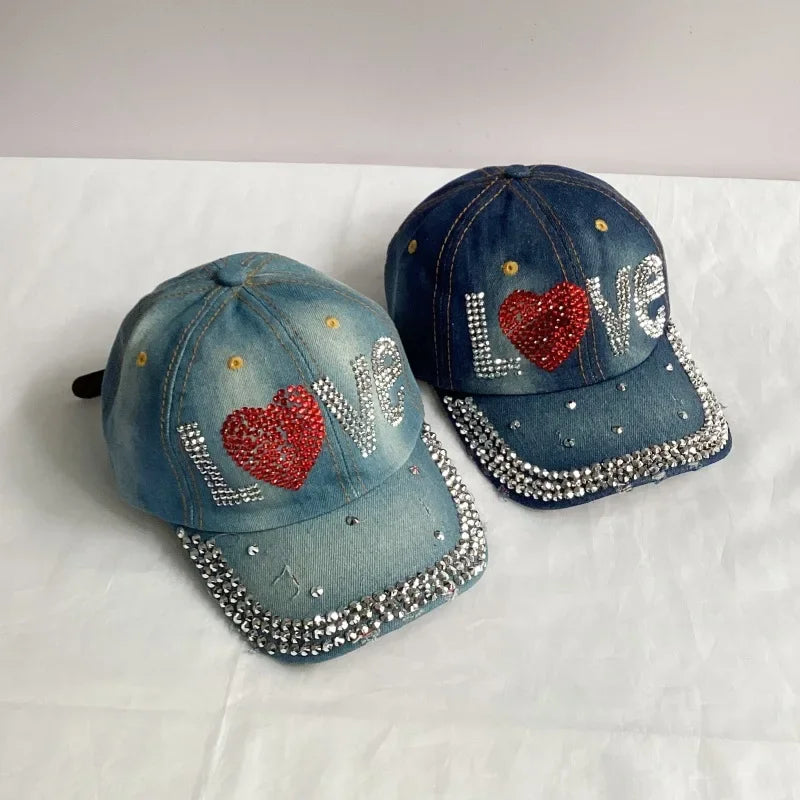 Jeans Basecap Cappy Denim Look Cap Kappe LOVE Strass gebogen Herren Damen