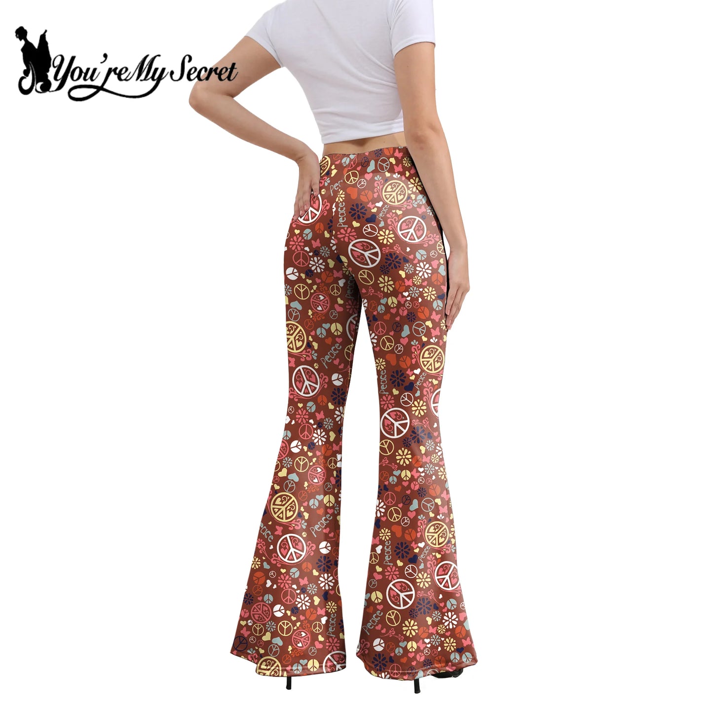 Damen Yoga Hose Bootcut Hüftjeans Schlaghose Flared Leggins Flower Power Retro
