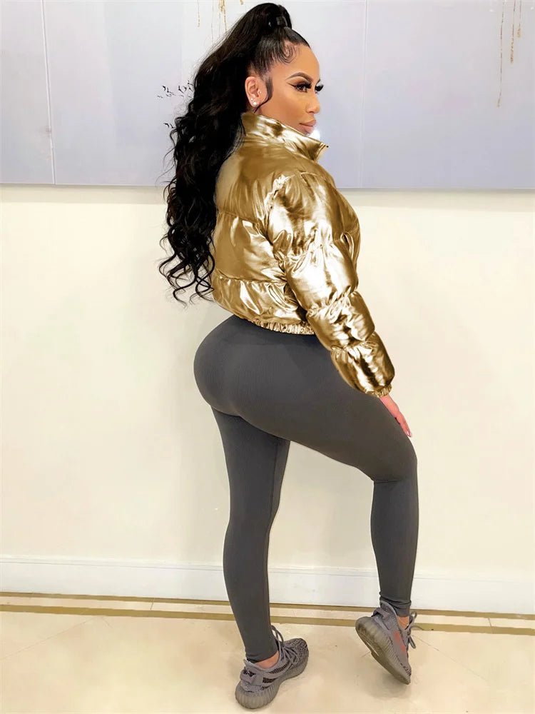 Damen Glänzende Daunenjacke Mit Kapuze Gold Steppjacke Streetwear Stepp Jacke