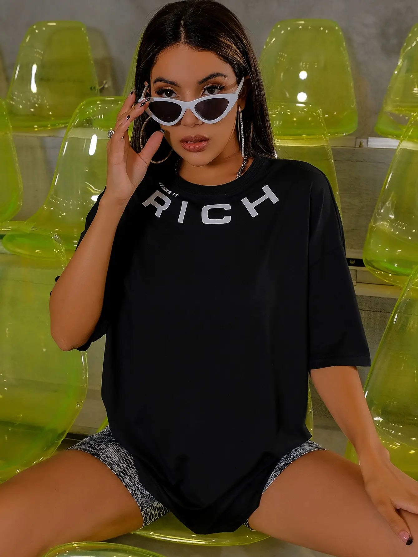 Damen Sommer Top Rich T-Shirt Rundhals Streetwear Baumwoll Damentop