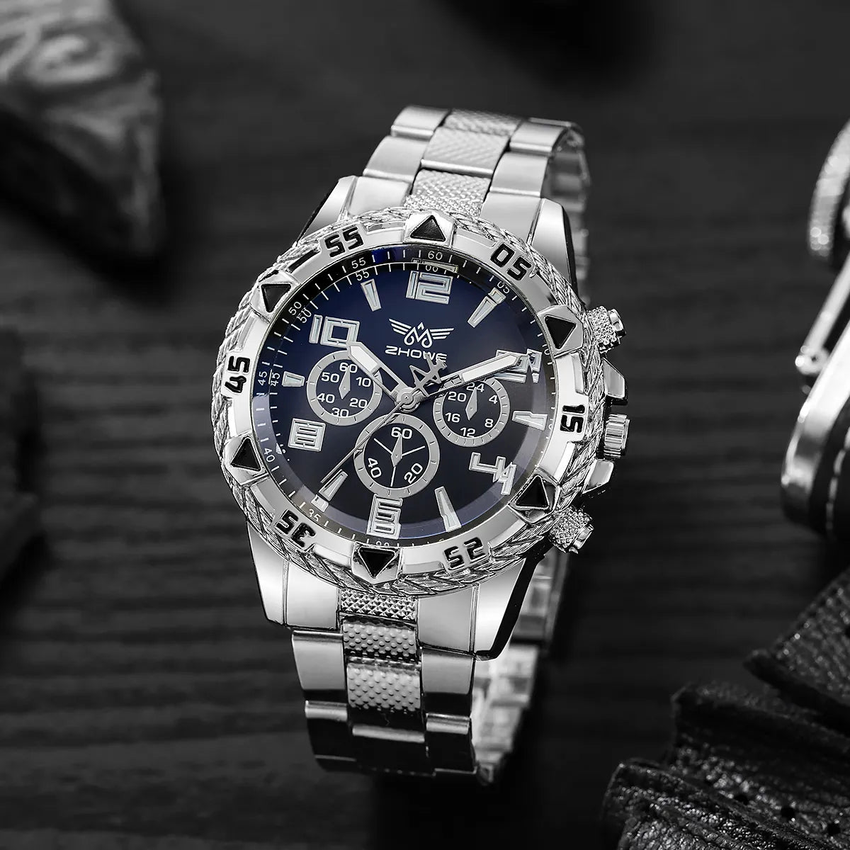 Herren Armbanduhr Silber Schwarz Edelstahl Quarzuhr Luxus Chronograph Business