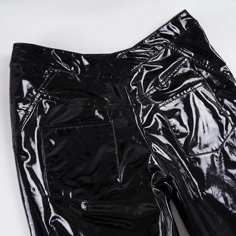 Sexy Damen Fashion Hose Gothic Punk glänzende PU Lederhose Schlaghose Latex