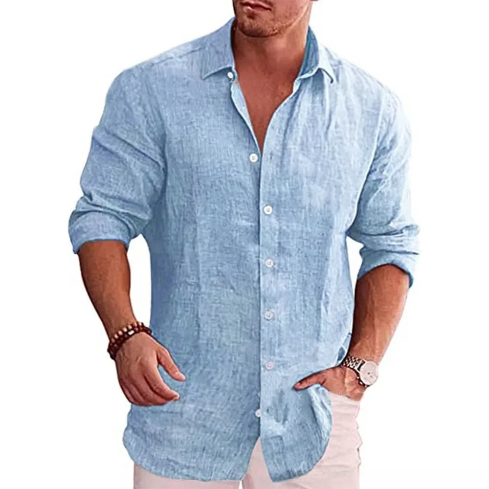 Herren Poloshirt Leinenhemd Langarm T-Shirt Leinen Hemd Polohemd Freizeithemd