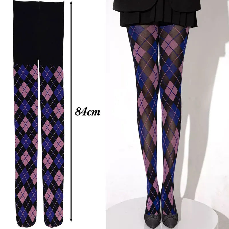 Damen Strumpfhose Karo Strümpfe Oberschenkelhoch Retro JK Style Sexy Dessous