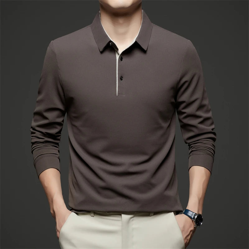 Neues Herren-Poloshirt, Business-Casual, langärmelig, einfarbig, modisch, warm, bequem, vielseitiges Oberteil für vier Jahreszeiten