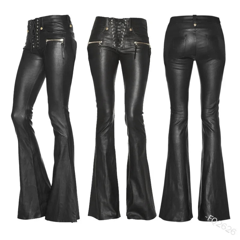 Sexy Damen Fashion Gothic Punk Hose PU Lederhose Reißverschluss Schlaghosen